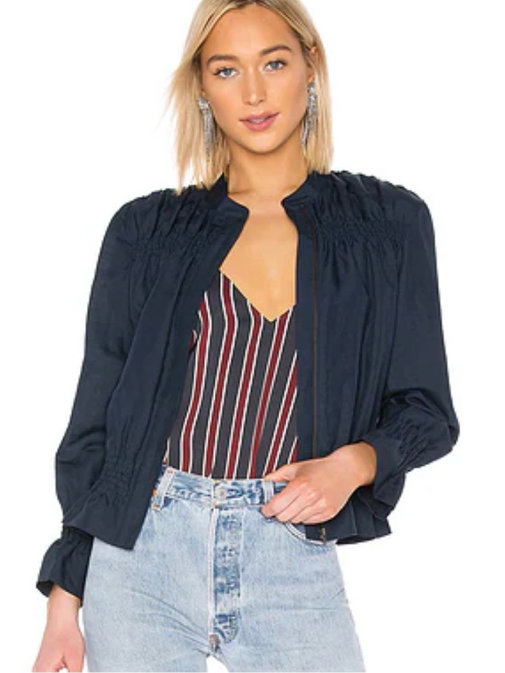 FRAME Smocked, Navy, Linen Blend Bomber Jacket, Front Zip, Lightweight, Sz Small